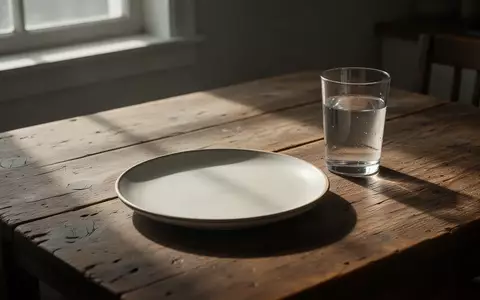 Ein leerer Teller und ein Glas Wasser auf einem schlichten Holztisch bei natürlichem Licht, symbolisch für finanzielle Sorgen. - Foto: über boerse-global.de