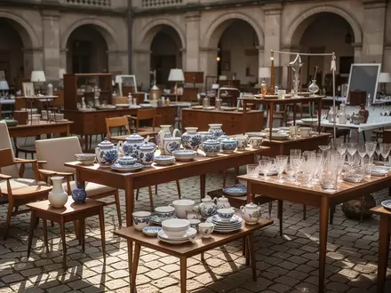 Sorgfältig arrangierte Vintage-Objekte und Mid-Century-Möbel auf einem Flohmarkt in einem sonnigen Innenhof. - Foto: über boerse-global.de