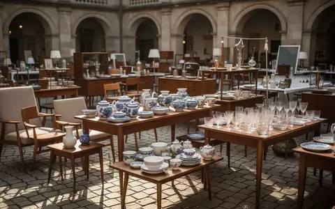 Sorgfältig arrangierte Vintage-Objekte und Mid-Century-Möbel auf einem Flohmarkt in einem sonnigen Innenhof. - Foto: über boerse-global.de