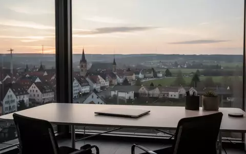 Ein minimalistischer Homeoffice-Arbeitsplatz vor einem Fenster mit Blick auf eine Grenzregion bei Tagesanbruch. - Foto: über boerse-global.de