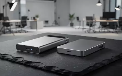 Zwei moderne, externe SSD-Speichermedien liegen auf einer dunklen Schieferoberfläche in einer professionellen Studioumgebung. - Foto: über boerse-global.de