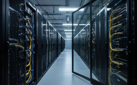 Reihen von modernen Server-Racks in einem Rechenzentrum unter kühlem, blauem Licht als Symbol für KI-Infrastruktur. - Foto: über boerse-global.de