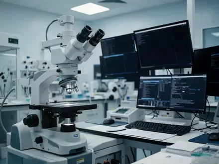 Ein modernes neuropathologisches Labor mit einem digitalen Mikroskop und medizinischer Hardware vor einem unscharfen Hintergrund. - Foto: über boerse-global.de