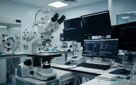 Ein modernes neuropathologisches Labor mit einem digitalen Mikroskop und medizinischer Hardware vor einem unscharfen Hintergrund. - Foto: über boerse-global.de