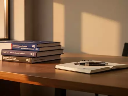 Minimalistischer Schreibtisch mit Fachbüchern und einem Notizbuch in einem hellen, modernen Büro bei natürlichem Lichteinfall. - Foto: über boerse-global.de