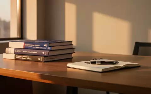 Minimalistischer Schreibtisch mit Fachbüchern und einem Notizbuch in einem hellen, modernen Büro bei natürlichem Lichteinfall. - Foto: über boerse-global.de