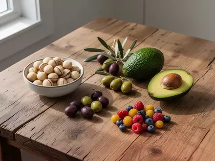 Eine Auswahl gesunder, unverarbeiteter Lebensmittel wie Nüsse, Oliven, Avocado und Beeren auf einem Holztisch. - Foto: über boerse-global.de