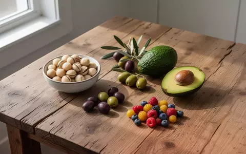 Eine Auswahl gesunder, unverarbeiteter Lebensmittel wie Nüsse, Oliven, Avocado und Beeren auf einem Holztisch. - Foto: über boerse-global.de