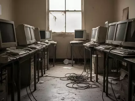 Ein veraltetes, unaufgeräumtes Behördenbüro mit ausgeschalteten Computern und Kabelsalat in einer schwach beleuchteten Umgebung. - Foto: über boerse-global.de