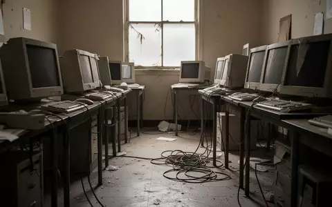 Ein veraltetes, unaufgeräumtes Behördenbüro mit ausgeschalteten Computern und Kabelsalat in einer schwach beleuchteten Umgebung. - Foto: über boerse-global.de