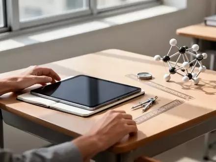 Ein minimalistischer Schreibtisch in einem modernen Klassenzimmer mit einem dunklen Tablet, geometrischen Modellen und Zeichenwerkzeugen. - Foto: über boerse-global.de