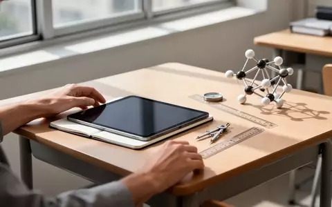 Ein minimalistischer Schreibtisch in einem modernen Klassenzimmer mit einem dunklen Tablet, geometrischen Modellen und Zeichenwerkzeugen. - Foto: über boerse-global.de
