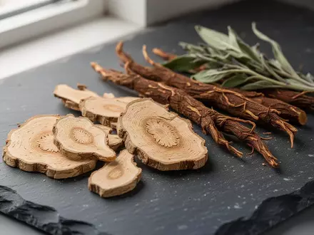 Getrocknete Astragalus-Wurzelscheiben und Salvia miltiorrhiza auf einer dunklen Laboroberfläche. - Foto: über boerse-global.de