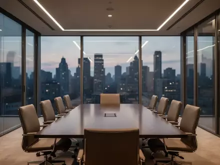 Moderner, leerer Konferenzraum in einem Bürokomplex bei Dämmerung mit Blick auf eine Stadtkulisse. - Foto: über boerse-global.de