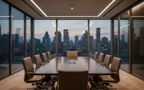 Moderner, leerer Konferenzraum in einem Bürokomplex bei Dämmerung mit Blick auf eine Stadtkulisse. - Foto: über boerse-global.de
