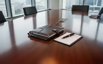 Ein leerer, moderner Konferenztisch mit hochwertigen Notizbüchern in einem hellen Bürogebäude. - Foto: über boerse-global.de