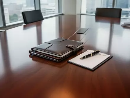 Ein leerer, moderner Konferenztisch mit hochwertigen Notizbüchern in einem hellen Bürogebäude. - Foto: über boerse-global.de