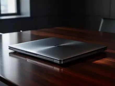 Ein geschlossener Laptop auf einem dunklen Konferenztisch in einem modern eingerichteten Büro. - Foto: über boerse-global.de