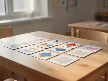 Pädagogische Lernkarten mit abstrakten Illustrationen auf einem Holztisch in einem hellen, sonnendurchfluteten Raum. - Foto: über boerse-global.de