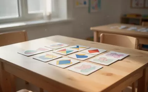 Pädagogische Lernkarten mit abstrakten Illustrationen auf einem Holztisch in einem hellen, sonnendurchfluteten Raum. - Foto: über boerse-global.de