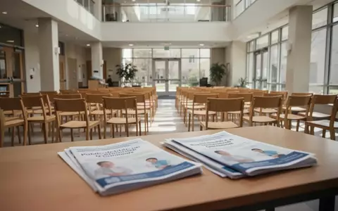 Ein heller, leerer Veranstaltungsraum in einem Gemeindezentrum mit Stuhlreihen und Informationsmaterial für einen Gesundheitstag. - Foto: über boerse-global.de