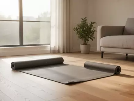 Eine leere Yogamatte liegt in einem hellen, minimalistisch eingerichteten Raum auf einem Holzboden. - Foto: über boerse-global.de