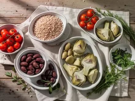 Eine Auswahl frischer mediterraner Zutaten wie Farro, Oliven, Tomaten und Artischocken auf einem rustikalen Holztisch. - Foto: über boerse-global.de