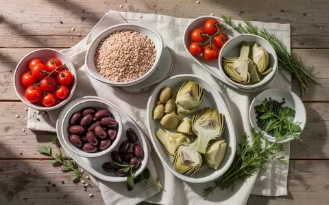 Eine Auswahl frischer mediterraner Zutaten wie Farro, Oliven, Tomaten und Artischocken auf einem rustikalen Holztisch. - Foto: über boerse-global.de
