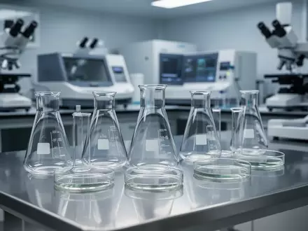 Ein steriler, moderner medizinischer Forschungslaborraum mit Laborgeräten und Glasgefäßen auf einem Edelstahltisch. - Foto: über boerse-global.de