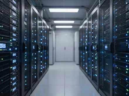 Moderne Serveranlage mit blau leuchtenden Statusanzeigen in einem dunklen Rechenzentrum. - Foto: über boerse-global.de