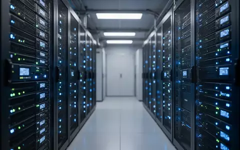 Moderne Serveranlage mit blau leuchtenden Statusanzeigen in einem dunklen Rechenzentrum. - Foto: über boerse-global.de