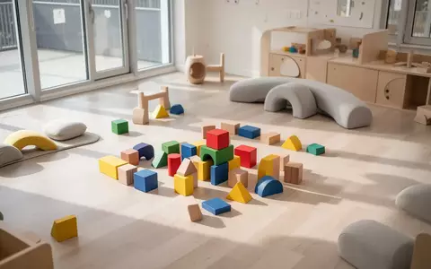 Heller, moderner Bewegungsraum in einer Kindertagesstätte mit bunten Spielgeräten und Holzbausteinen auf einem Holzboden. - Foto: über boerse-global.de