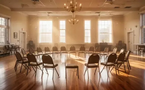 Ein heller, freundlicher Tanzsaal mit poliertem Holzboden und im Kreis aufgestellten Stühlen in einer Gemeinschaftseinrichtung. - Foto: über boerse-global.de