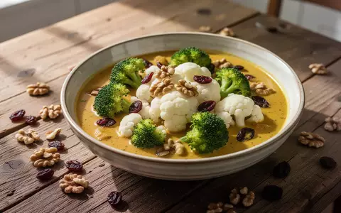 Eine Schale mit buntem Curry aus Brokkoli, Blumenkohl, Walnüssen und Cranberries auf einem hölzernen Küchentisch. - Foto: über boerse-global.de