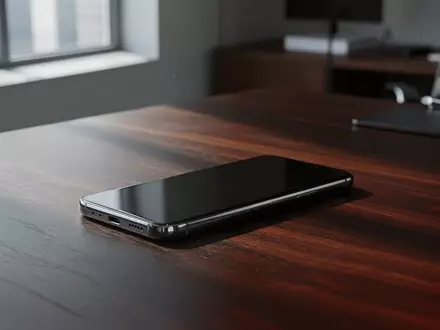 Ein modernes Smartphone liegt auf einem dunklen Holztisch in einem Büro und symbolisiert digitale Sicherheit. - Foto: über boerse-global.de