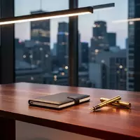 Ein minimalistischer Büroschreibtisch vor einer Fensterfront mit Blick auf ein Finanzviertel bei Dämmerung. - Foto: über boerse-global.de