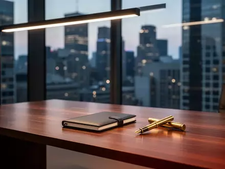 Ein minimalistischer Büroschreibtisch vor einer Fensterfront mit Blick auf ein Finanzviertel bei Dämmerung. - Foto: über boerse-global.de