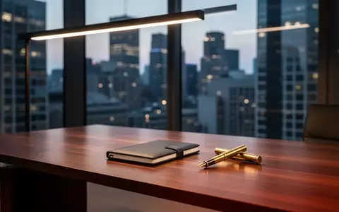 Ein minimalistischer Büroschreibtisch vor einer Fensterfront mit Blick auf ein Finanzviertel bei Dämmerung. - Foto: über boerse-global.de