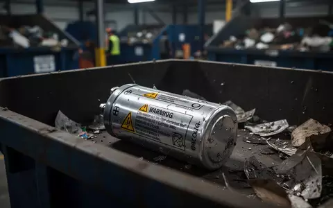 Ein Lithium-Ionen-Akku liegt in einem industriellen Abfallbehälter zur Entsorgung. - Foto: über boerse-global.de