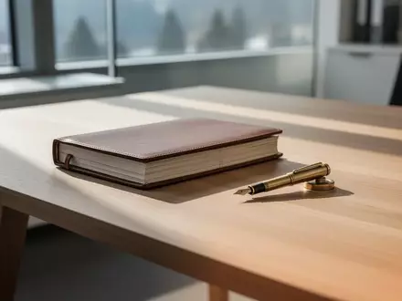 Ein minimalistischer Schreibtisch mit einem Notizbuch und einem Füllfederhalter bei natürlichem Lichteinfall. - Foto: über boerse-global.de