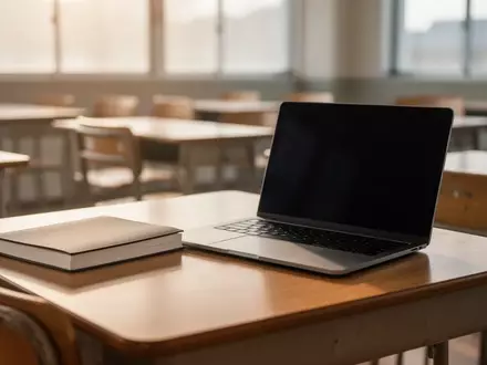 Ein leerer Schreibtisch in einem hellen Klassenzimmer mit einem geschlossenen Notizbuch und einem Laptop mit schwarzem Bildschirm. - Foto: über boerse-global.de