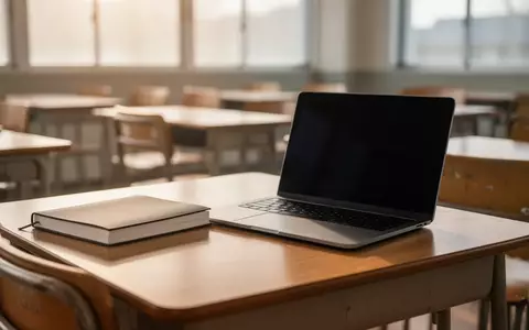 Ein leerer Schreibtisch in einem hellen Klassenzimmer mit einem geschlossenen Notizbuch und einem Laptop mit schwarzem Bildschirm. - Foto: über boerse-global.de