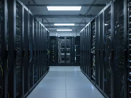 Moderne, dunkle Serverräume in einem Rechenzentrum mit blauer Beleuchtung als Symbol für IT-Infrastruktur und Sicherheit. - Foto: über boerse-global.de