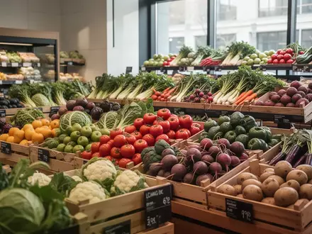 Frisches, regionales Gemüse in Holzkisten in einem modernen Supermarkt. - Foto: über boerse-global.de