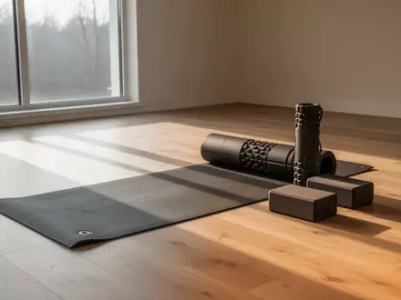 Eine Yogamatte mit Faszienrolle und Yoga-Block in einem hellen, sonnendurchfluteten Fitnessraum. - Foto: über boerse-global.de