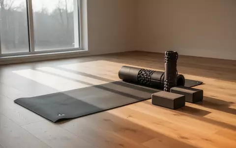 Eine Yogamatte mit Faszienrolle und Yoga-Block in einem hellen, sonnendurchfluteten Fitnessraum. - Foto: über boerse-global.de