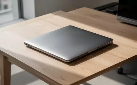 Ein geschlossenes, silbernes Laptop auf einem minimalistischen Holztisch in einem hellen Büro. - Foto: über boerse-global.de