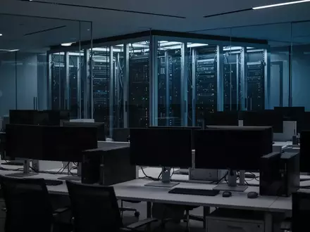 Leere, modern gestaltete Arbeitsplätze in einem Großraumbüro mit dunklen Bildschirmen in einer nachdenklichen Atmosphäre. - Foto: über boerse-global.de
