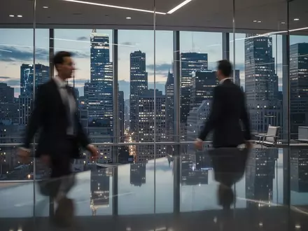Blick in ein modernes Bürogebäude mit Glasfassade und Blick auf ein belebtes Finanzviertel bei Dämmerung. - Foto: über boerse-global.de