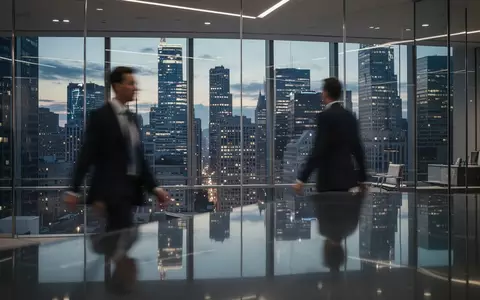 Blick in ein modernes Bürogebäude mit Glasfassade und Blick auf ein belebtes Finanzviertel bei Dämmerung. - Foto: über boerse-global.de